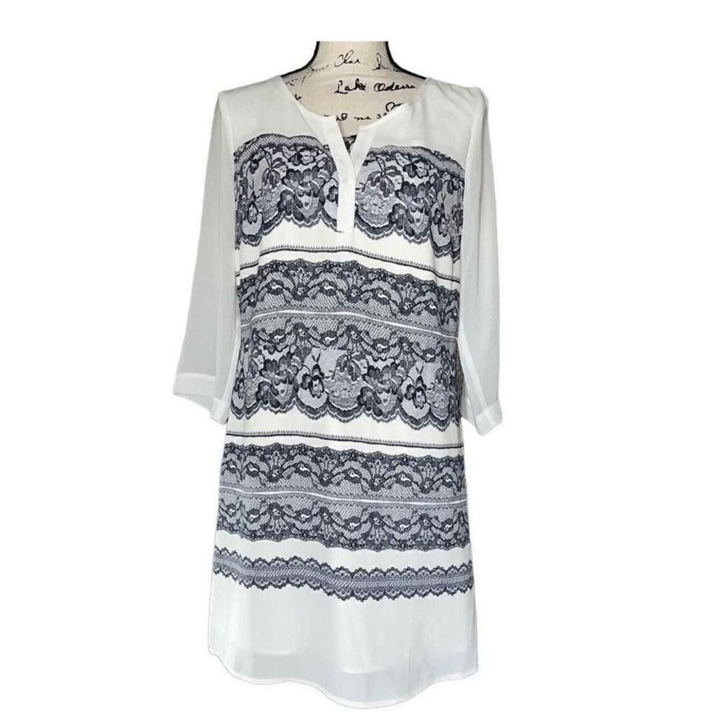 Under Skies Navy Blue Lace Print 3/4 Sleeve Tunic Dress Size M